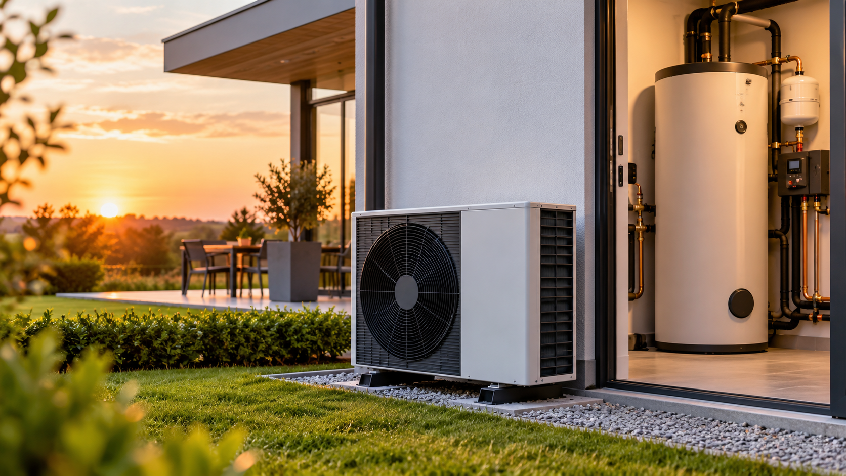 Warmtepomp bij een moderne woning voor energiezuinig verwarmen